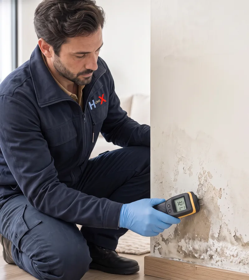 Rising damp and blown plaster at the bottom of a wall in Lincoln